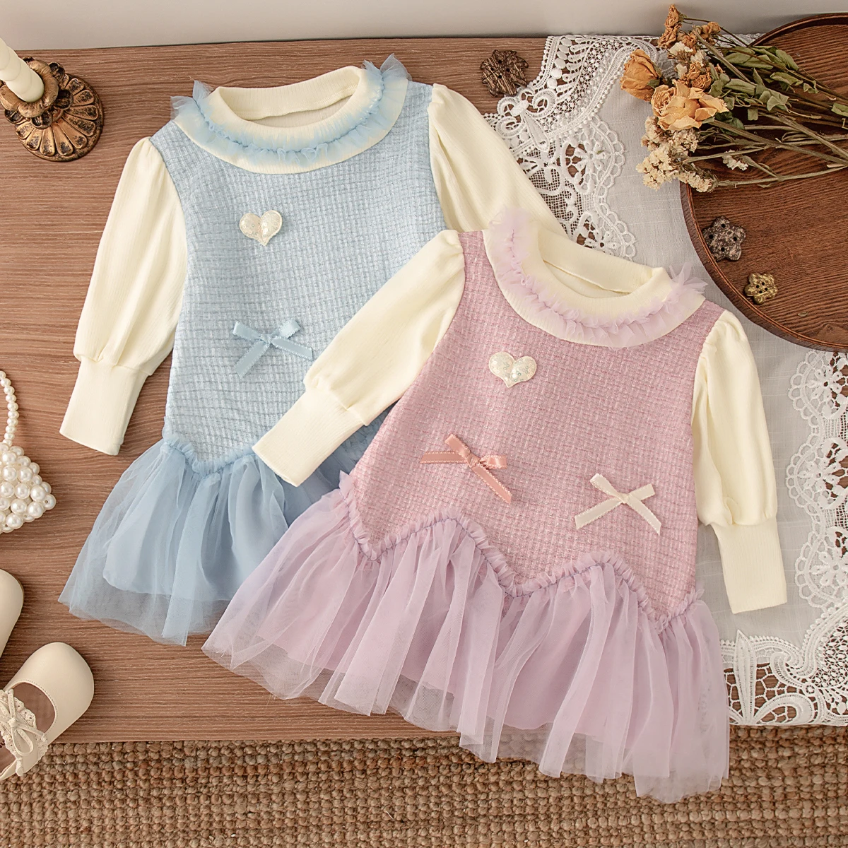 Autumn Fashion Long Sleeved Baby Girl Dress Korean Style Sweet Lovely Bows Crew Neck Toddler Princess Fairy Dress
