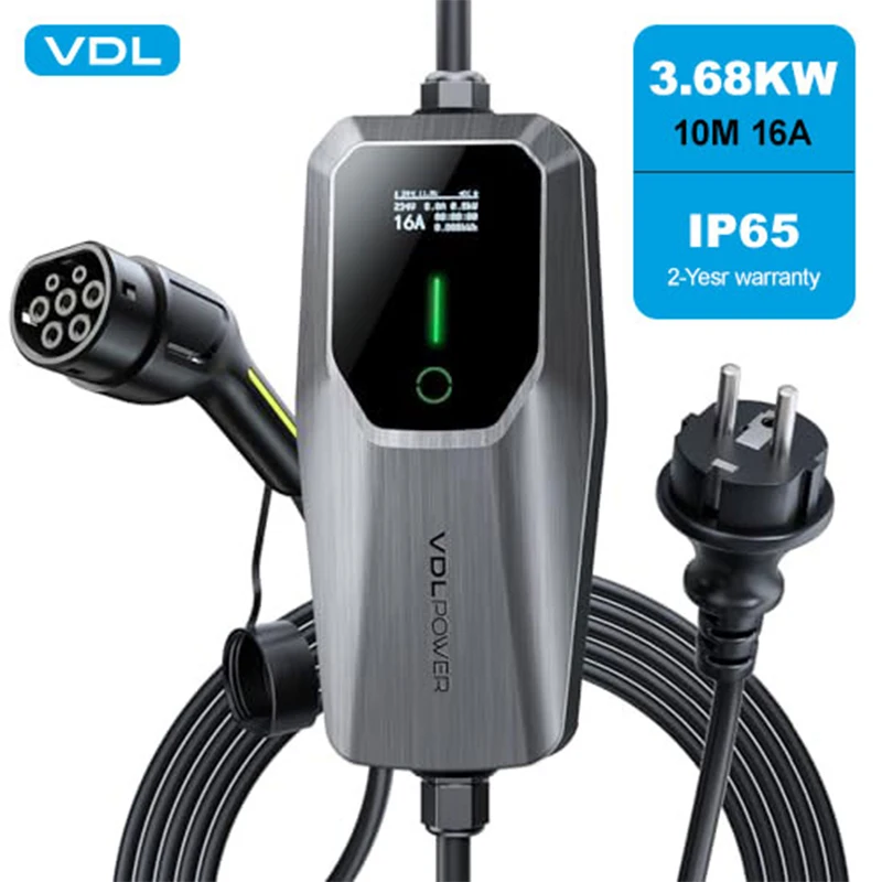 VDL-Ladegerät für Elektroautos, 10m/3.68 kW EV-Ladegerät Typ 2, Ladekabel für Elektrofahrzeuge [6/8/10/13/16 A] mit EU-Schuko-Stecker, IP65-Einphasen-Ladestation