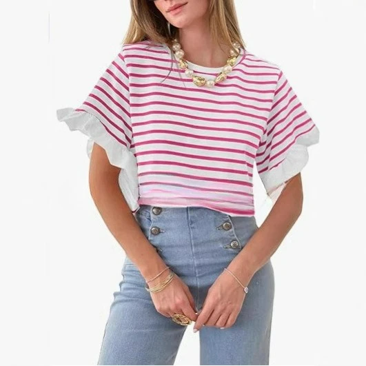 

2025 Summer New Lotus Leaf Sleeve Striped Casual Loose Short Sleeved T-shirt Women's Top