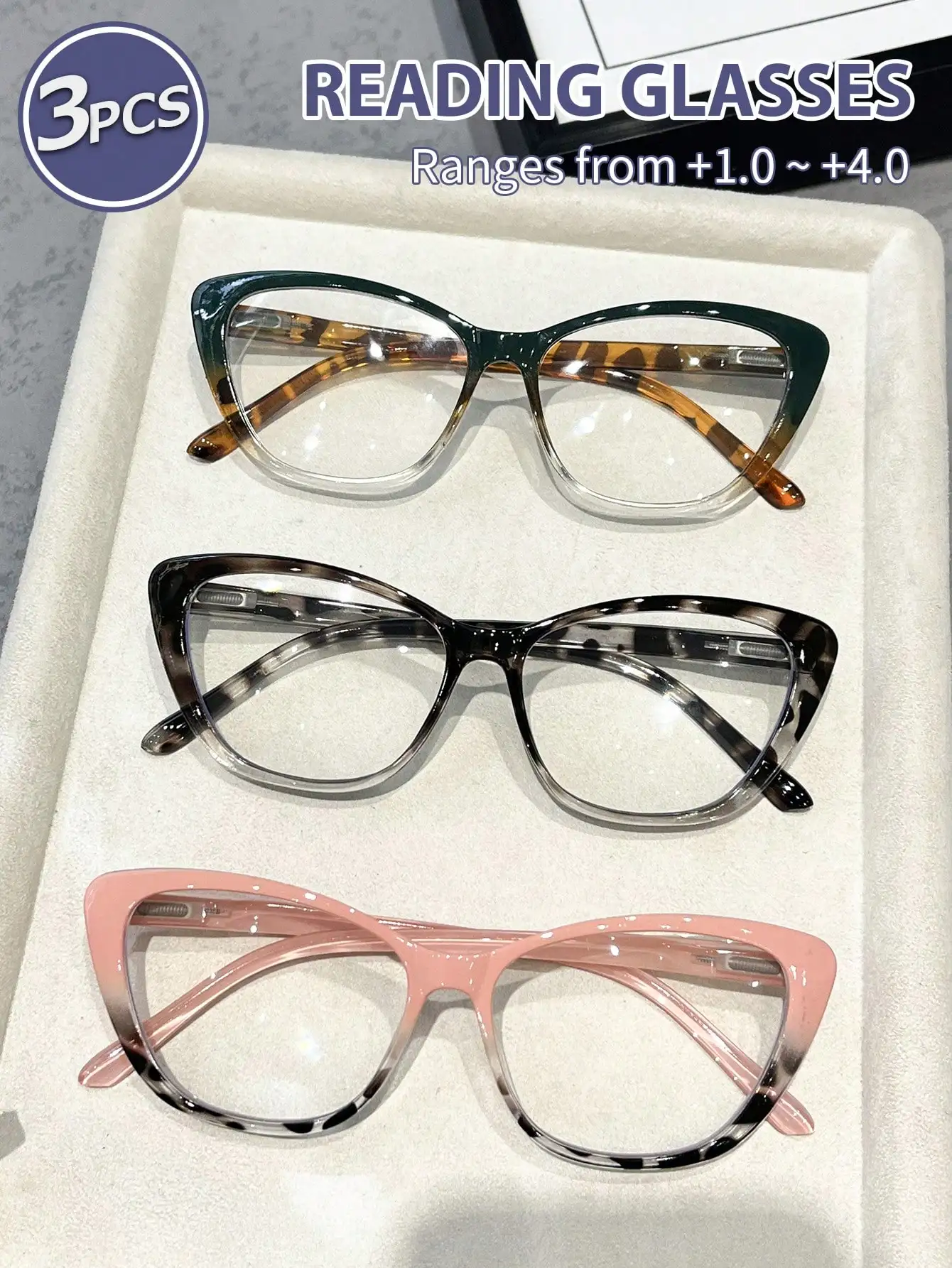 

3 пары очков для чтения с эффектом кошачьего глаза, от +1.0 до +4.0, в полной пластиковой оправе, женские.