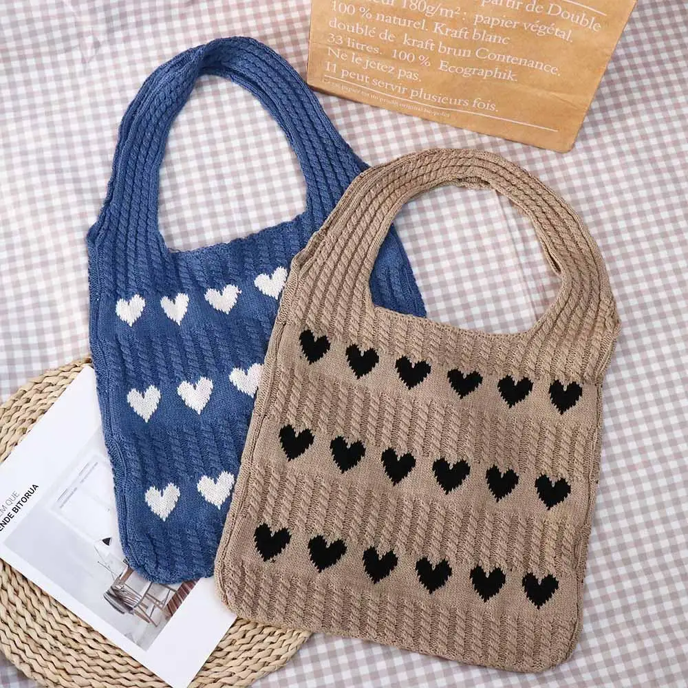 Color Blocking Knitted Love Handbag Shopping Bag Mommy Bag Crochet Tote Bag Underarm Bag Storage Bag Love Shoulder Bag Girl