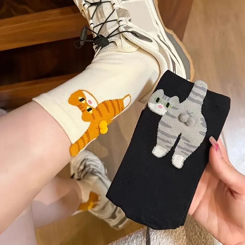 Ins Style Cute Couple Maternity  Socks for Spring and Summer Medium-Cut Cat and Dingdong Egg Pattern Socks for Women