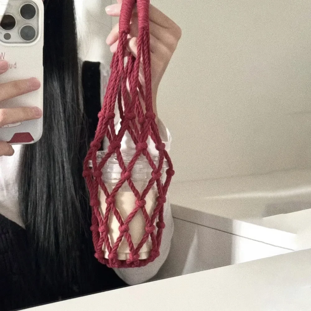 Foldable Woven Water Bottle Bags Hollow Out Portable Carrying Bag Coffee Cup Holder