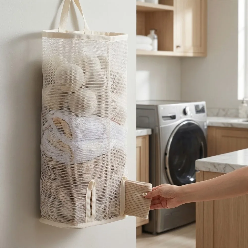 

Space Saving Hanging Storage Bag Large Capacity Multifunctional Sock Storage Bag Mesh Pocket Wall Mounted Plastic Bag Dispenser