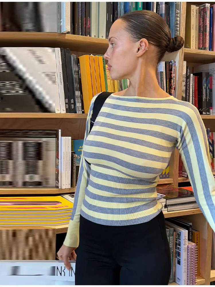

Retro Stylish Striped Sweater French Chic Fitted Long Sleeve Color Block Knits Soft Autumn Layering Office Chic Women Knitwear