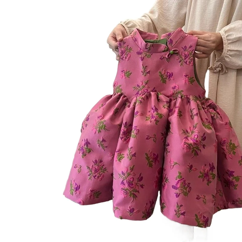 2025 Spring Summer Floral Cheongsam Chinese Style Girls Dress Girlish Princess Vest Dress Fresh Floral Cheongsam Dress
