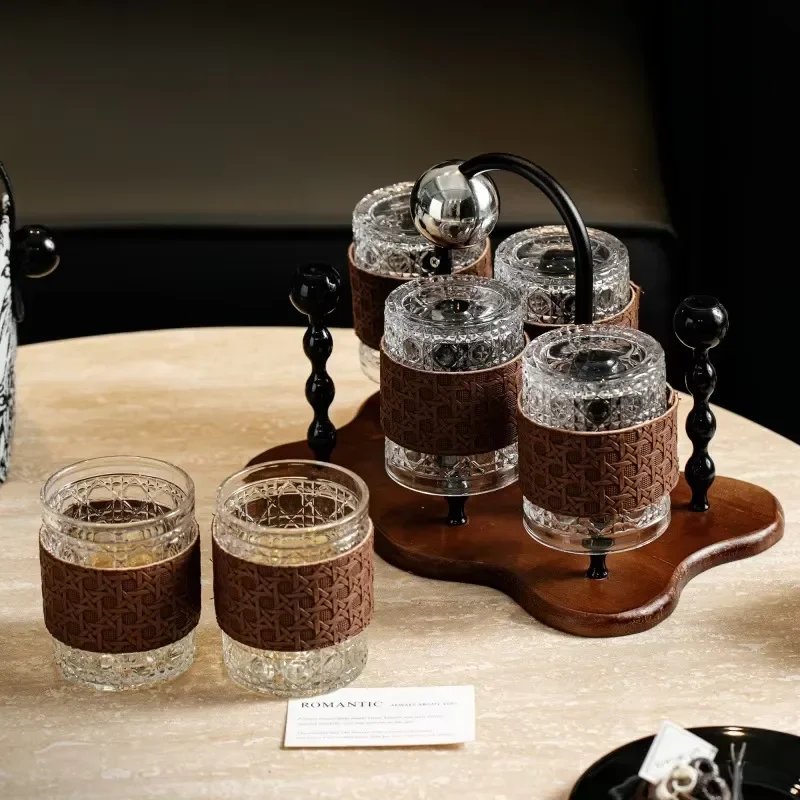 Acacia Wood Tray with Woven Leather Handle Glass Cup Holder Set for Home Decor Serving Platter Round Coaster Organizer
