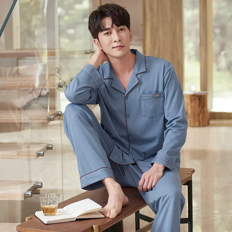 New Pajamas Set Male Cotton Sleepwear Spring Home Clothing Long Sleeves Spring Cardigan Tops And Long Pants Leisure Pyjamas Suit