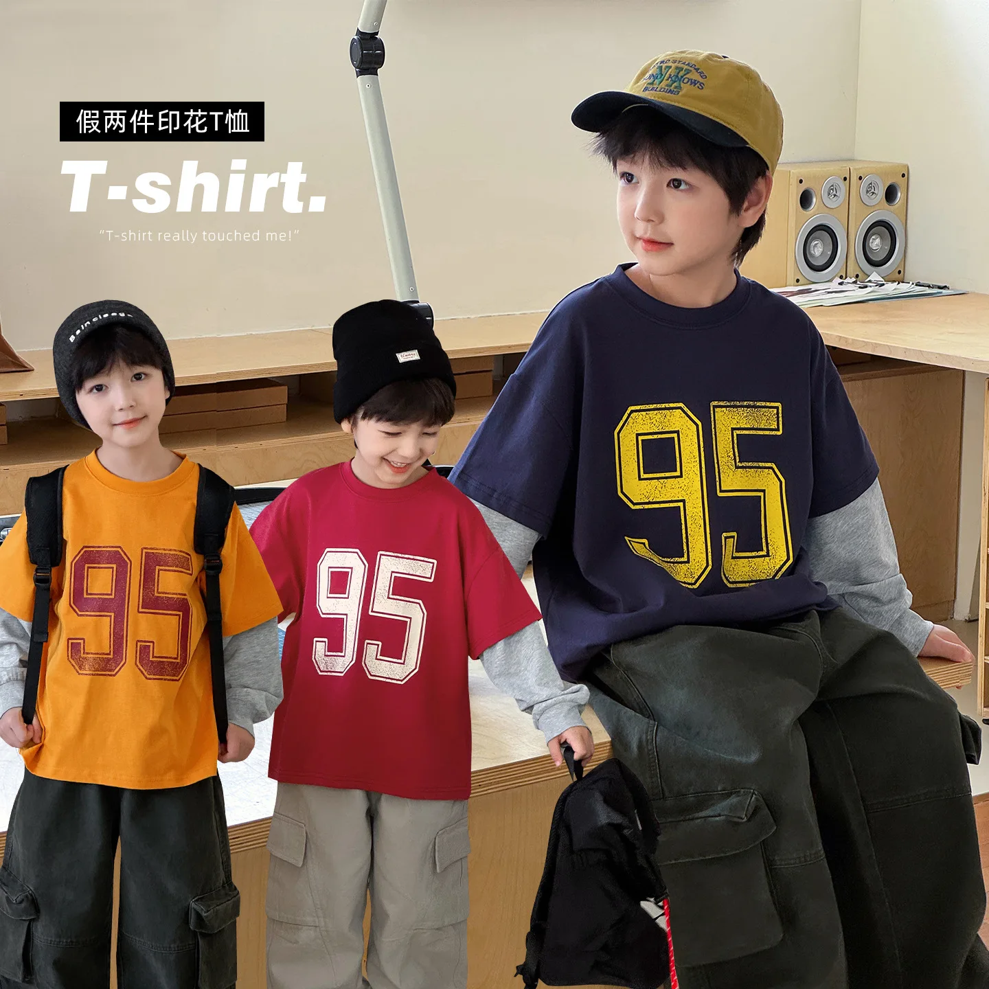 

2025 Boys' Autumn New American Retro Digital Printed Baby Top Fake Two-piece Kids T-shirt Boutique Clothing Simple Style