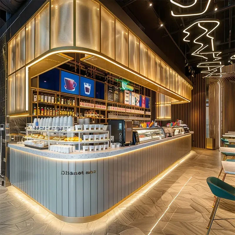 Caffetteria per interni, dimensioni, colori, materiali e vari stili personalizzabili, adatta per caffetterie e torte