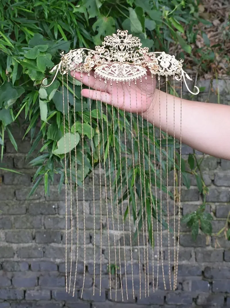 Women's Gold Plated Flowers With Metal Beaded Tassel Face Curtain Veil