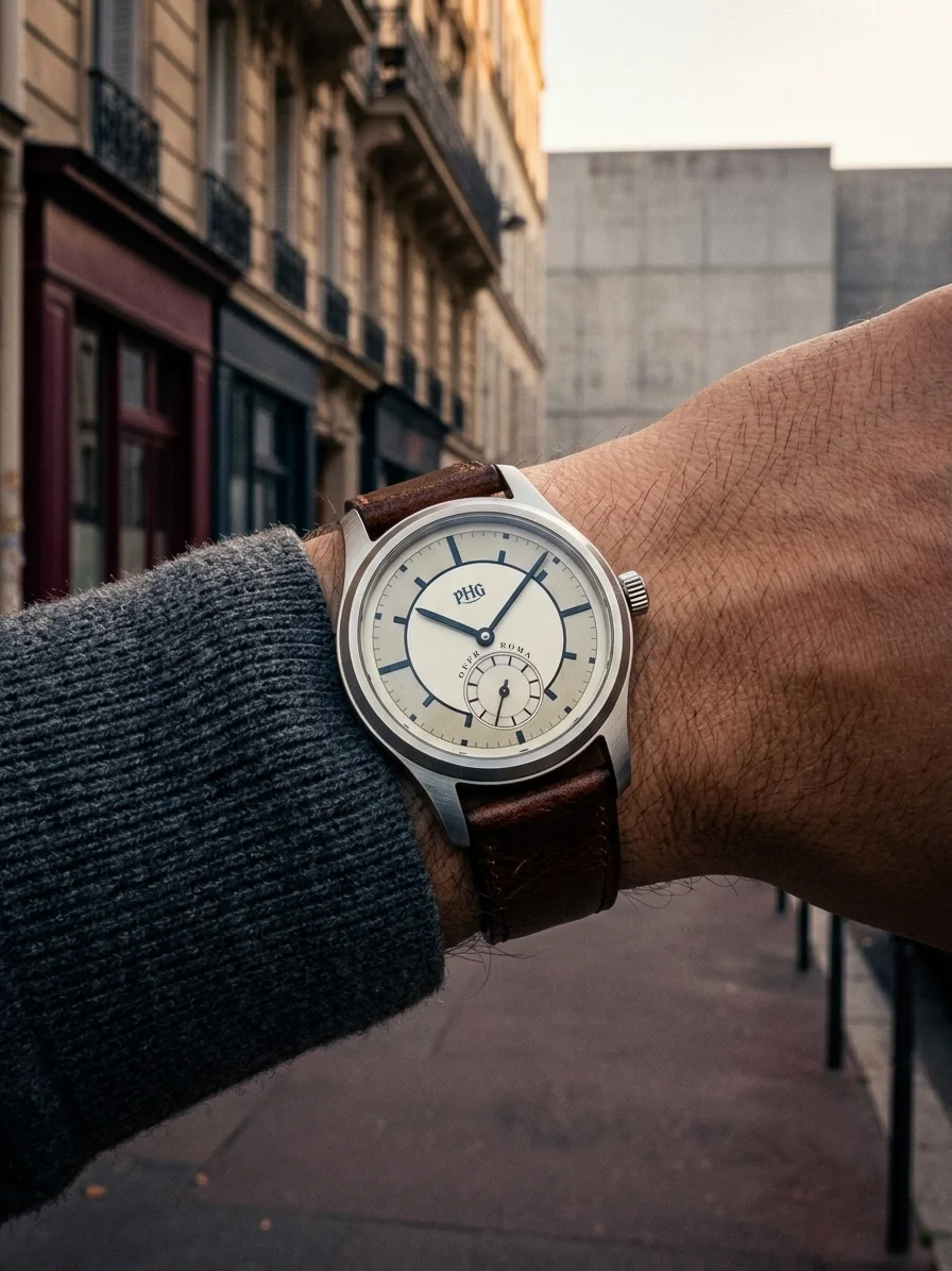 OFFICE ROMA Vintage Dress Watch Small Seconds Dial Brushed Steel Case Brown Cowhide Leather Strap Quartz Waterproof Men Retro Of