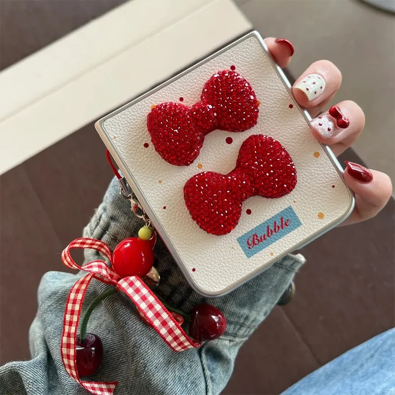 

Cute Gilrs Big Red Bow flip case for Samsung Z Flip6 5 4 Oppo n3 n2flip/Motorola razr50/Xiaomi mix flip Cover cherry pendant