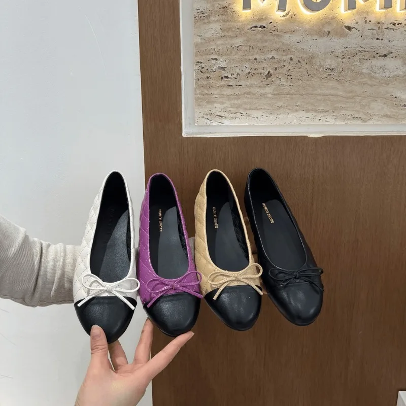 Neue Farbblock-Schleife Damen Einzelschuhe Flache Runde Zehenpartie Pumps