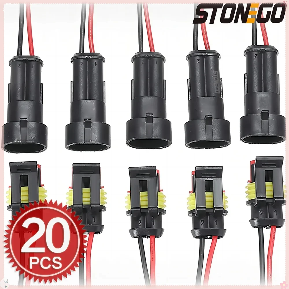 STONEGO 5/10 Pairs Waterproof 2-Pin Electrical Terminals Connectors with Wire for Cars Motorcycles Scooters Marine