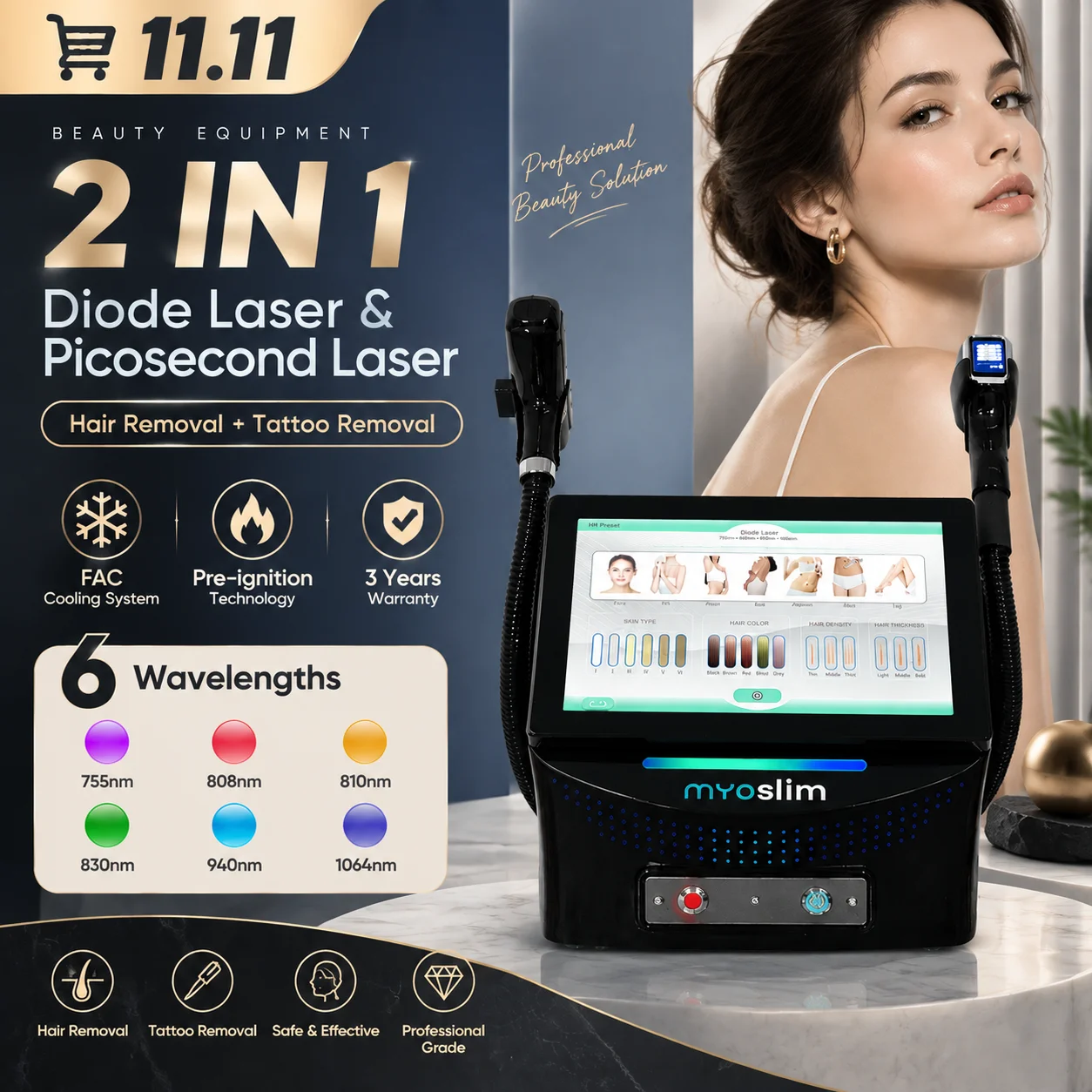 Premium 2-in-1 FAC-TEC Diode Laser System Painless Permanent Hair Removal Picosecond Tattoo & Eyebrow Washing Device