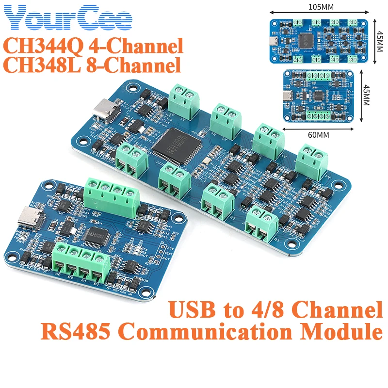 CH344Q USB to 4-Channel RS485 / CH348L USB to 8-Channel RS485 Communication Module Multi-Channel Simultaneous TX/RX