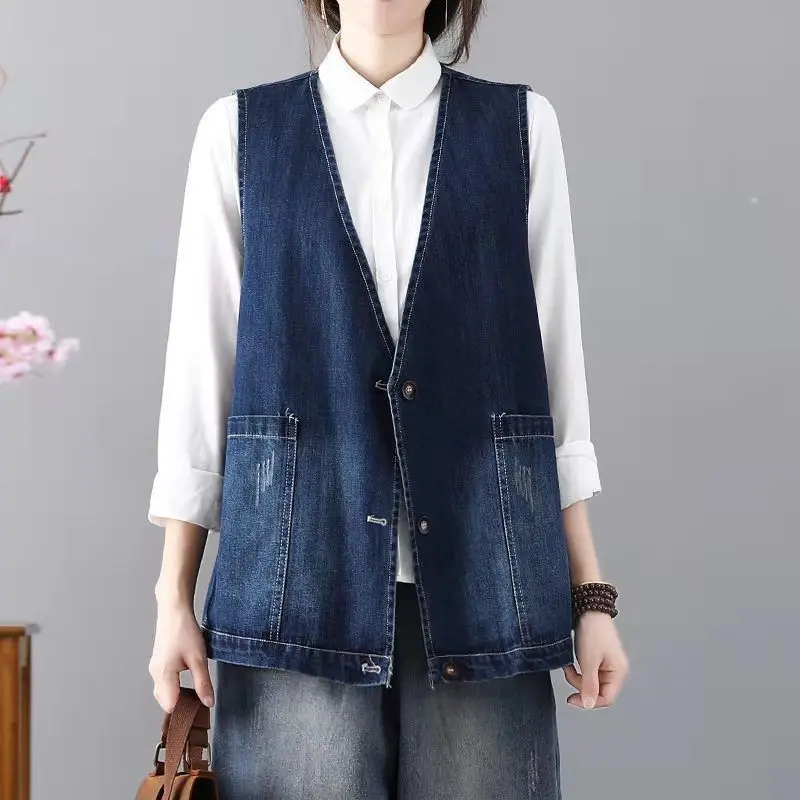 Denim Vests Women женская All-match Simple Basic V-neck Pockets Blue Spring Korean Fashion Cozy Hot Sale Ins Casual Ulzzang New