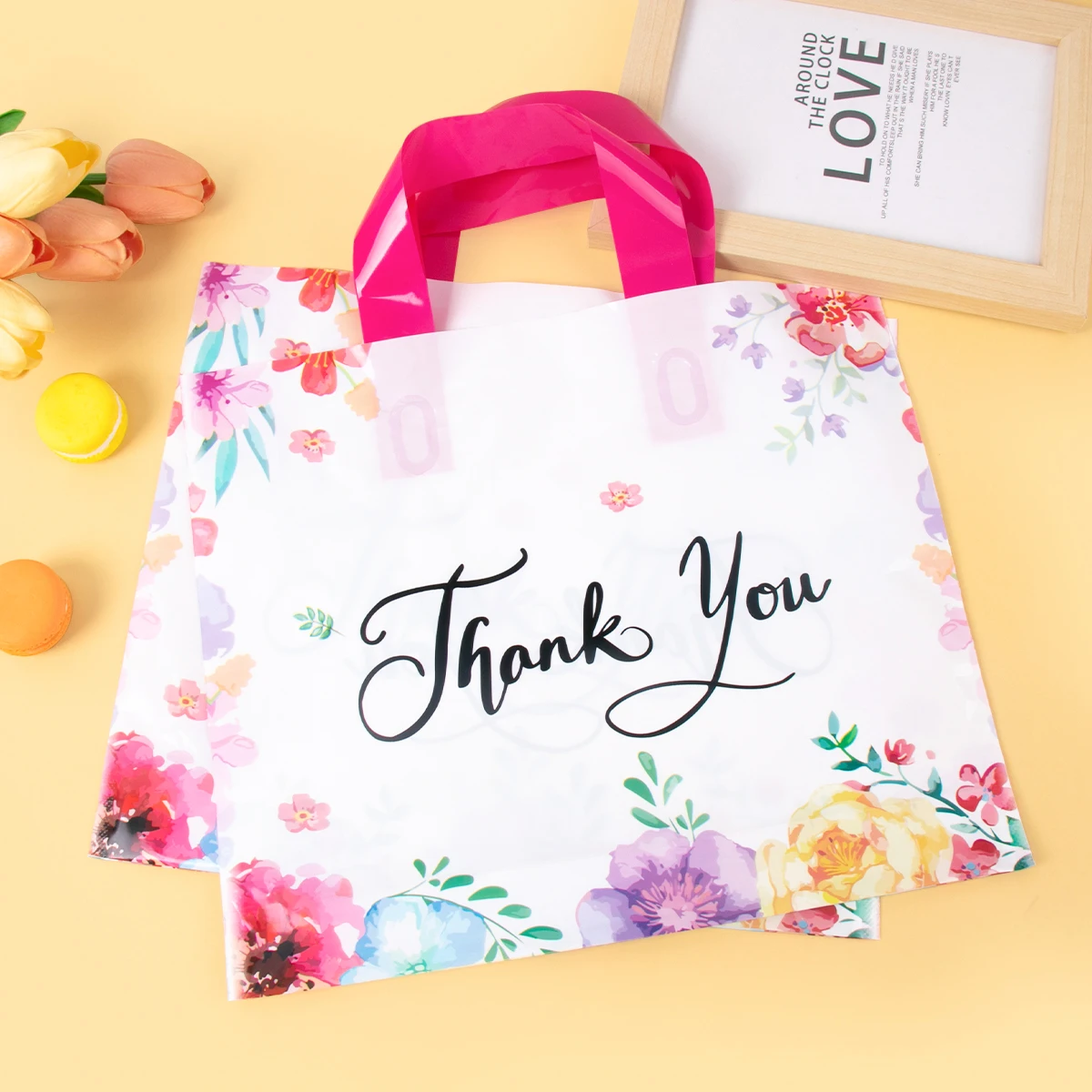 10pcs Thank You Gift Bag Plastic Floral Print Tote Bag Thanksgiving Day Gift Packaging Bags Wedding Favors Bags For Guest