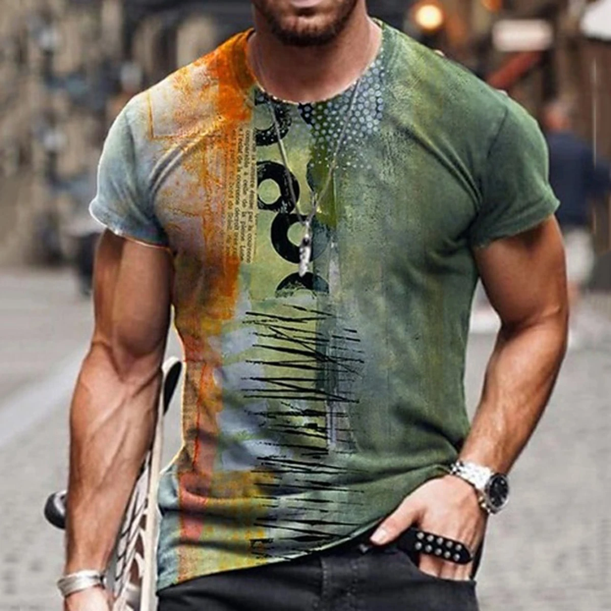 2026 Men's Vintage Treble Clef Music Note Print T-Shirt, Retro Distressed O-Neck Short Sleeve Casual Summer Streetwear Tee
