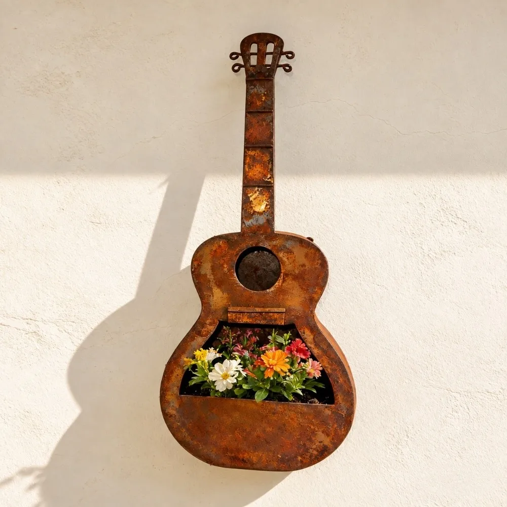 Guitar Wall-mounted Flowerpot Dual-use Rusty Red Ironart Bird's Nest Photo Props Decorative Ornament Wall Flower Pot