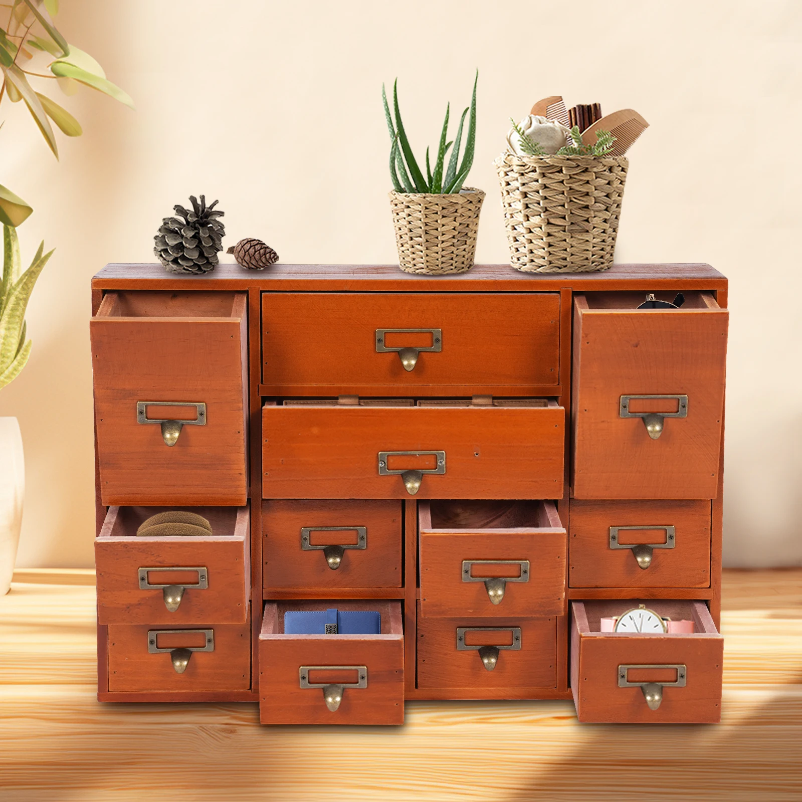 Desktop Drawer Organizer 12 Drawers, Wooden Desk Storage Box with Label Slots, Multipurpose Countertop Small Parts Cabinet, Office Craft Jewelry Art Supplies Home Counter Cosmetics Dock, No Assembly Needed, Brown/Black/Pink/Blue