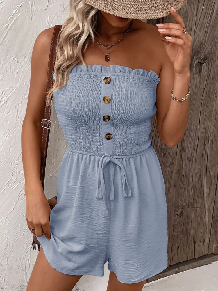 Dames Jumpsuit Zomer 2024 Tube Top Ruche Knoop Kanten Wijde Pijpen Shorts Vakantie Pak Modieuze Dameskleding