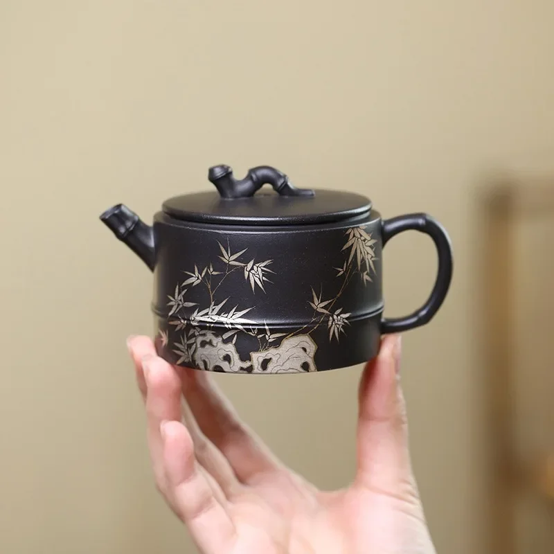 150ML Authentic Purple Clay Pot Yixing Dingshu Hand-painted Gold and Silver Chinese Tea Set Black Mud Bamboo Stone Han Tile Pot