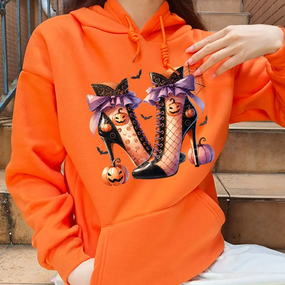 2024 Halloween High Heels Graphic Pumpkin Bat Printed Sweatshirt Funny Cartoon Harajuku Ladies Long Sleeve Halloween Costume