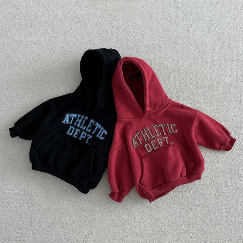2025, Winter Neue Kinder Hoodie Plus Samt Dicke Mädchen Jungen Buchstaben Mit Kapuze Sweatshirt Baby Warme Fleece Tops Kinder Casual Kleidung – Detail 2