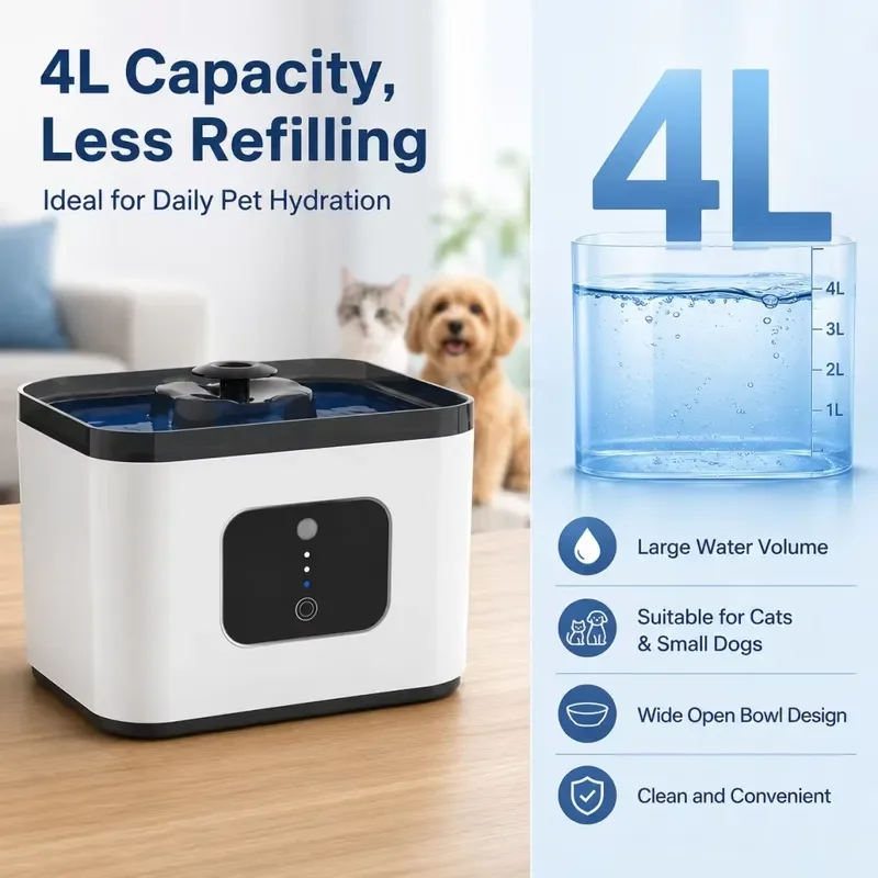 Smart Sensor Automatic Portable Pet Drinker 4L Wireless 4000mAh Battery LCD Display, Waterproof IPX5 8D Filtration