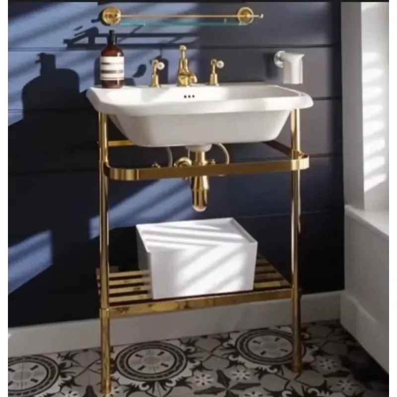 Luxury Retro Gold Polished Brass Basin Stand Custom Metal Furniture for Boutique Hotel Suite Face Wash Table