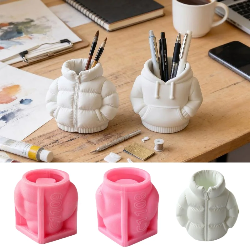 Down Jacket Pen Holder Cement Plaster Silicone Mold Hoodie Shape Indoor Plant Pot Concrete Plaster Resin Molds Home Decor Tools