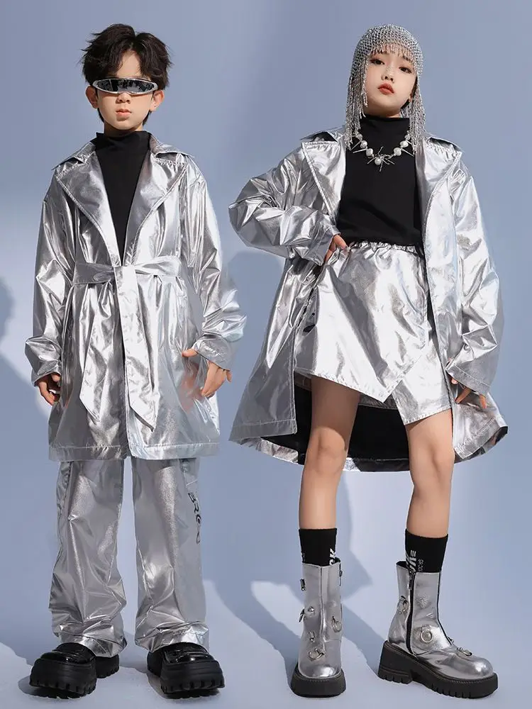 Kids Teen Boys Girls Silvery Trench Coat Pant Skirt Sets Fashion Show Long Coat Children Jazz Dancer Costume Clothing Tracksuits