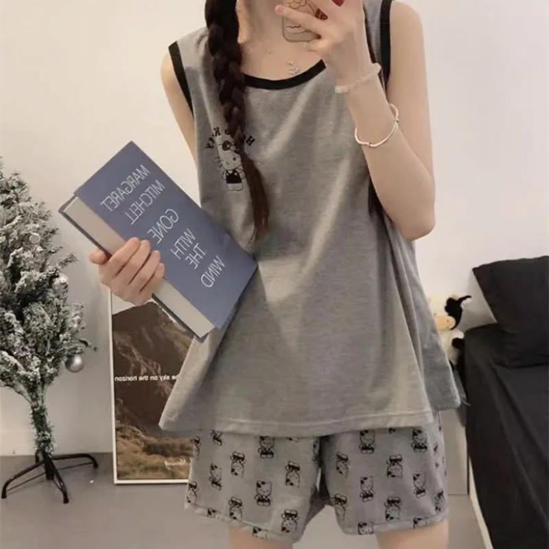 Sanrio Pajamas Women's Summer Short-sleeved Hello Kitty Shorts Cartoon Fresh and Loose Large Size Internet Loungewear Set Gift