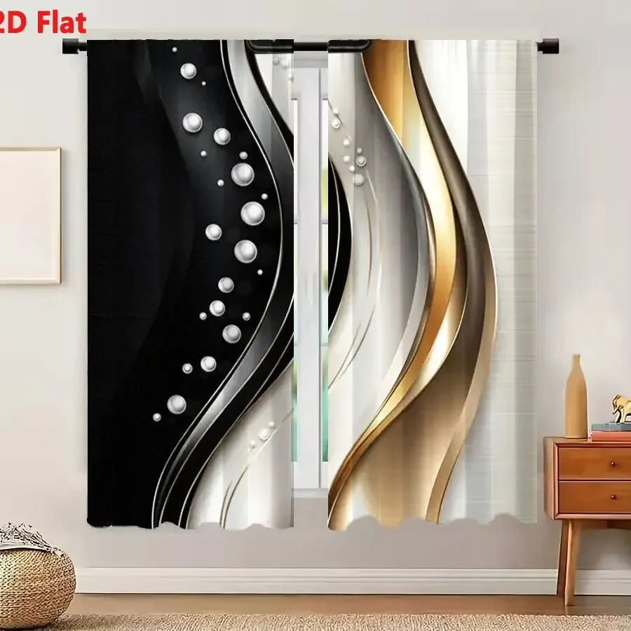 Modern Abstract Wave Pattern Curtains Black Gold Living Room Home Decor Semi-Sheer Window Drapes