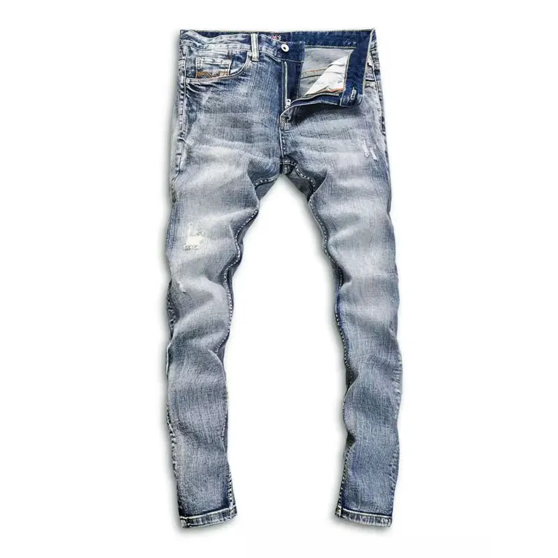 Street Fashion Men Jeans High Quality Retro Blue Stretch Slim Fit Ripped Jeans Men Patched Designer Vintage Denim Pants Hombre