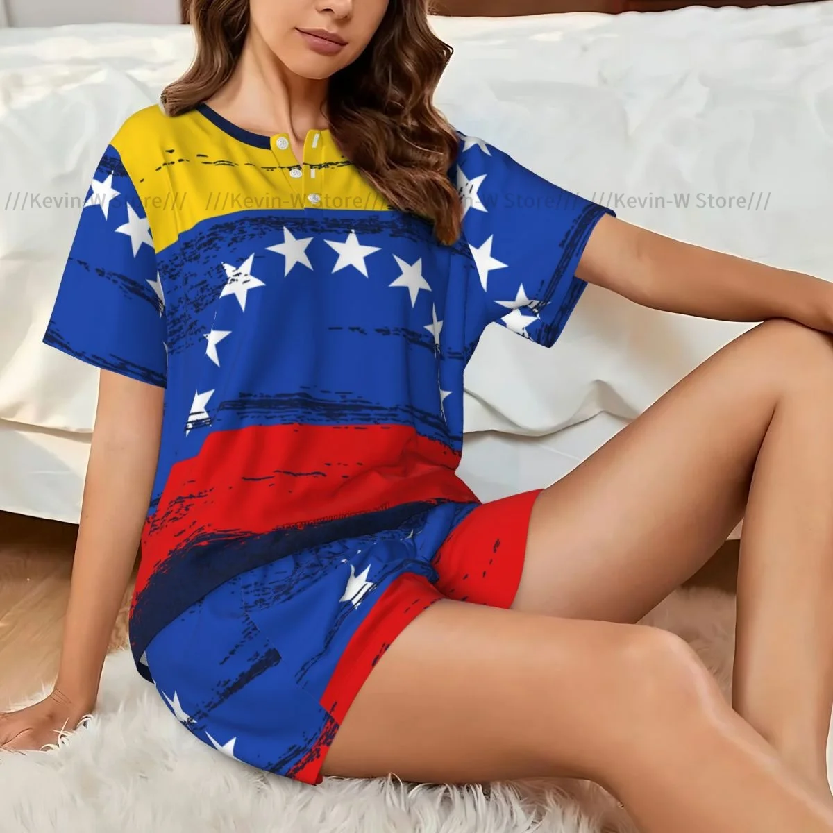 

Women Pajamas Set Short Sleeve Venezuela Grunge Flag Sleepwear Loungewear for Summer Nightwear