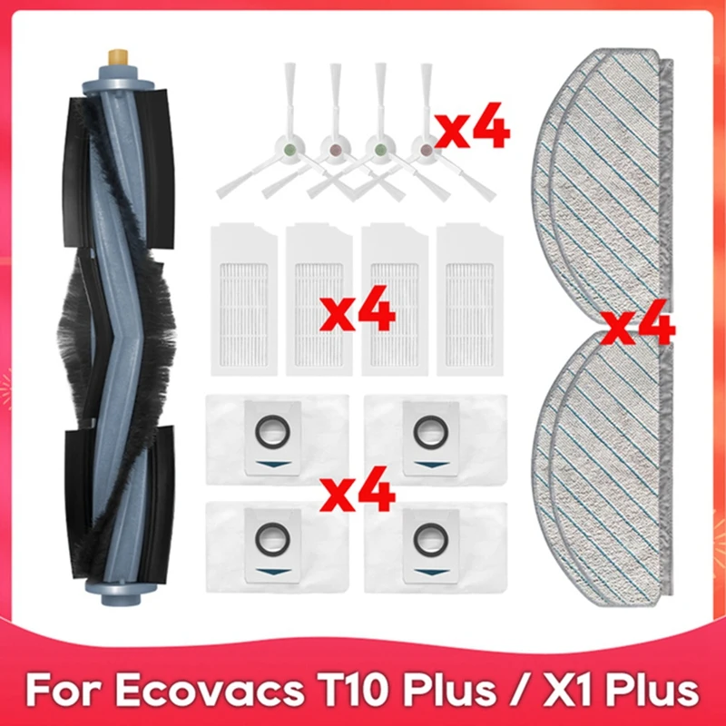 Robô Aspirador Peça De Substituição, Filtro De Escova Do Lado Principal, Saco De Pó, Mop Rag para Ecovacs T10, T10 Plus, X1 Plus, 17Pcs