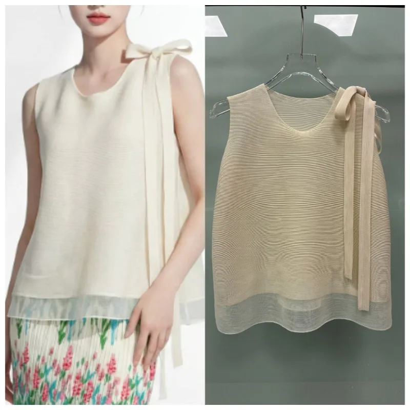 T-shirt plissé Miyake, haut en maille à double plissé, nouvelle collection été 2026, élégant, polyvalent, couleur unie, sans manches