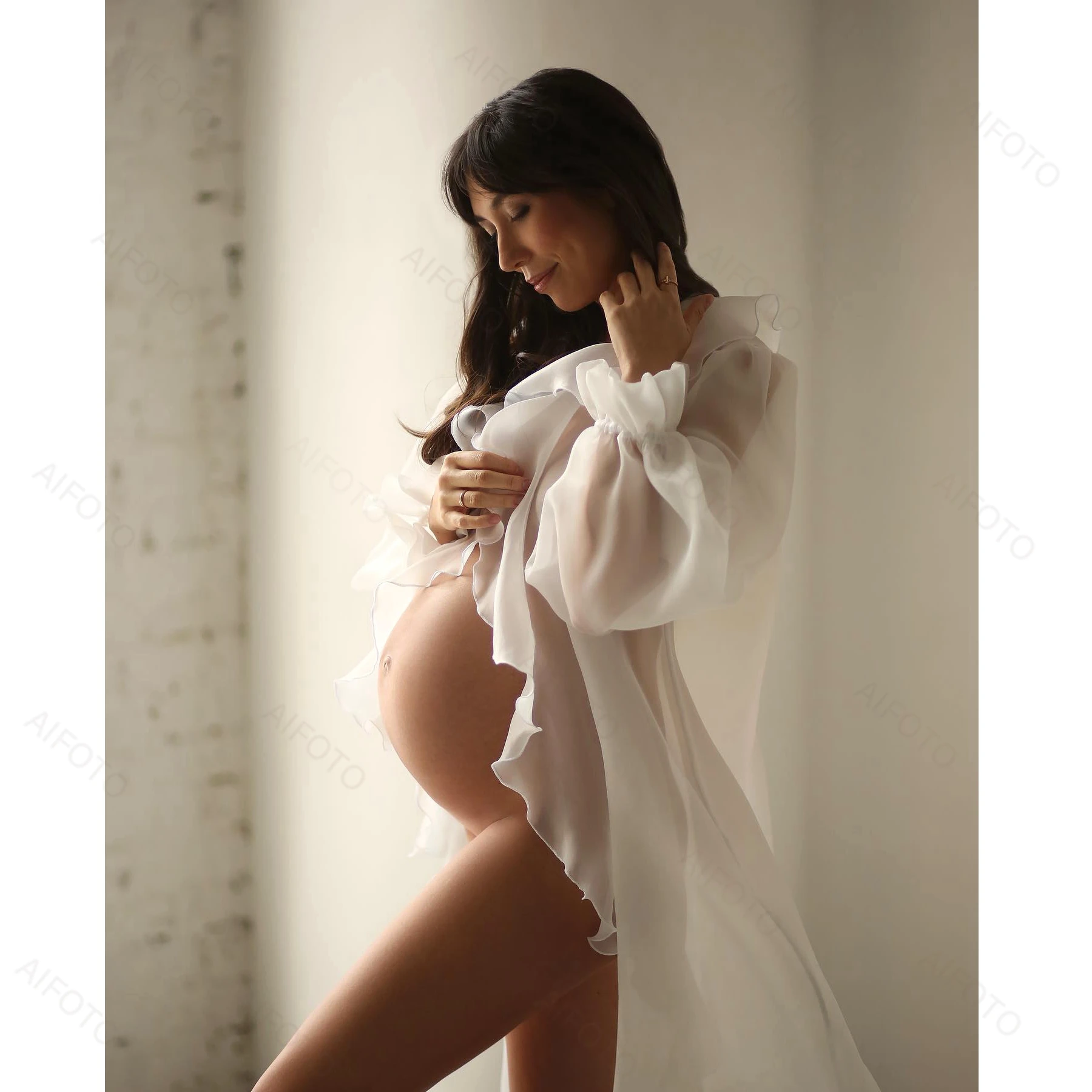 Lvory Maternity Dresses Tulle Ruffles Long Sleeved Pregnancy Gowns For Photo Shoot Pregnant Woman Photography Robe Baby Shower