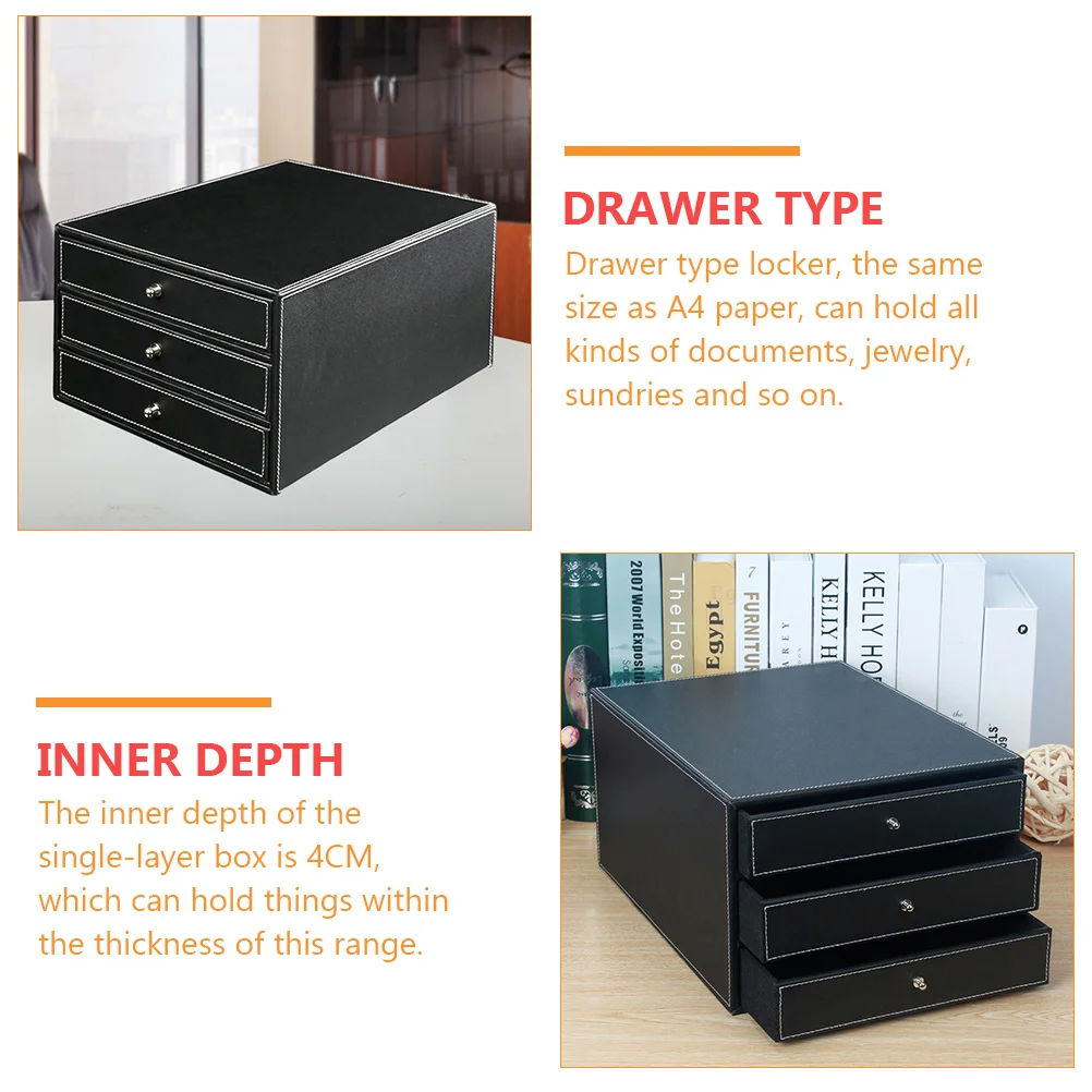 1Pc Drawer Type Desk Cabinet Office Three-layer File Storage Box (Black)