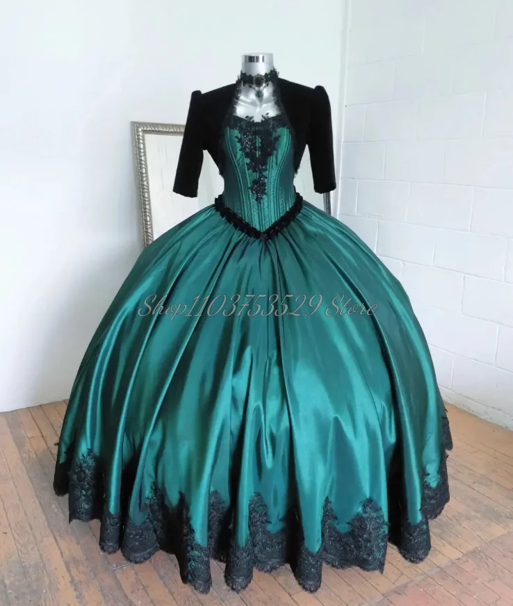 Lime Green Classic Victorian Prom Dress Gothic Appliqué Sequins Corset Pleated Lace Strap Jacket Princess Tutu فستان سهره