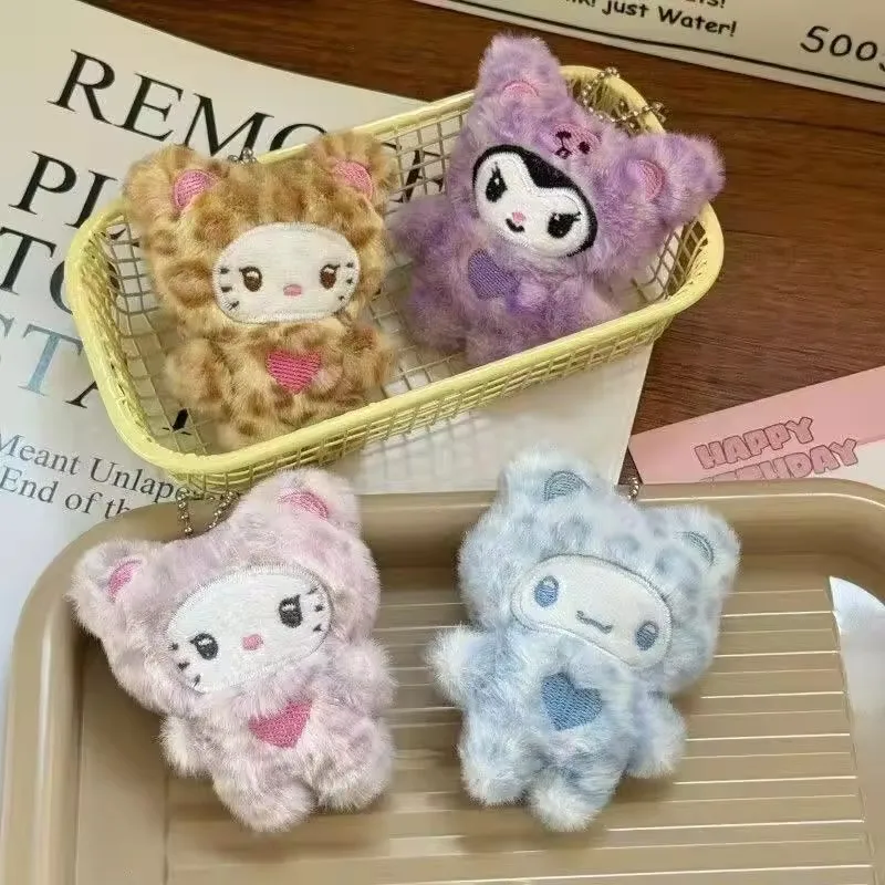 Sanrio Leopard Print Bear Series Hello Kitty Keychain Pendant Cartoon Kitty Cat Plush Doll Pendant Keychain Bag DecorationsGift