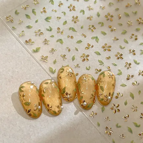 Golden Leaf Five Petal Flower Nail Sticker Bronzing Spring Flowers Adhesive Backing Blossom Nail Slider Decoration Accessories