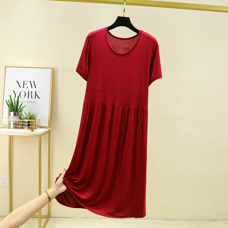 Modal Round-Neck Pleated Short-Sleeved Dress For Women Nightgowns Outside Wear Home Clothes Loose Ladies Sleepwear Nightdress