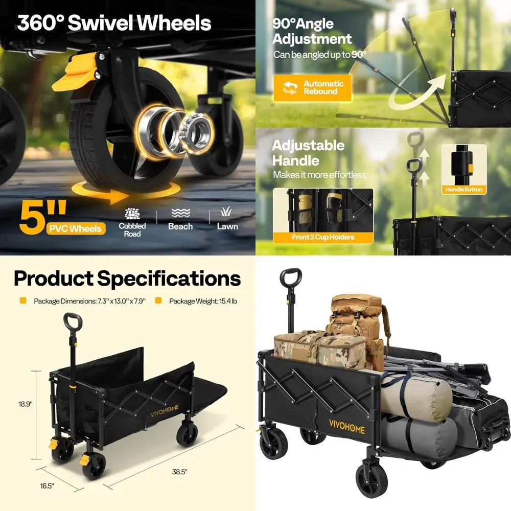 

130L Foldable Utility Wagon, 320lb Capacity, All-Terrain Wheels for Outdoor, Camping, Gardening, Picnics, Black