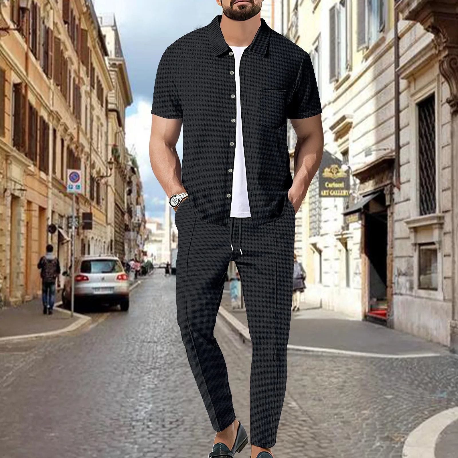 2024 new Europe and the United States cross-border men\'s fashion casual sports Waffle short-sleeved shirt pants suit