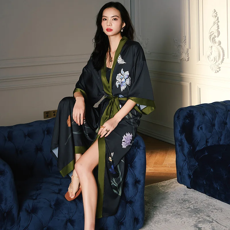 Black Print Flower Long Robe Nightgown Spring Summer Half Sleeve Kimono Bathrobe Gown Women Sexy Rayon Home Dress Loungewear