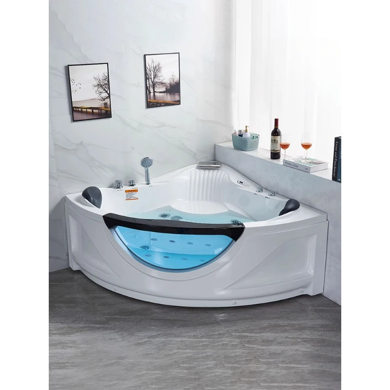 

High-end home adult fan-shaped large glass jacuzzi couples double fun bath triangle tub.